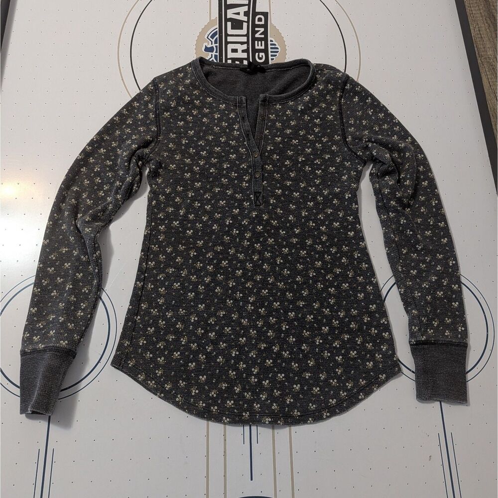 Lucky Brand Rib Henley Top Charcoal Ditsy Floral Women's Small Cottagecore